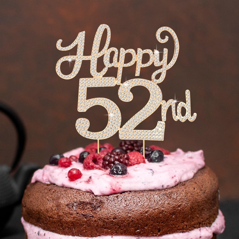 LASKYER Happy 52nd Birthday Decorations,52nd Birthday Gold Rhinestone Cake Topper - Cheers to 52 Years Old Bday Party Metal Sparkly Cake Centerpieces Sign. - Image 5